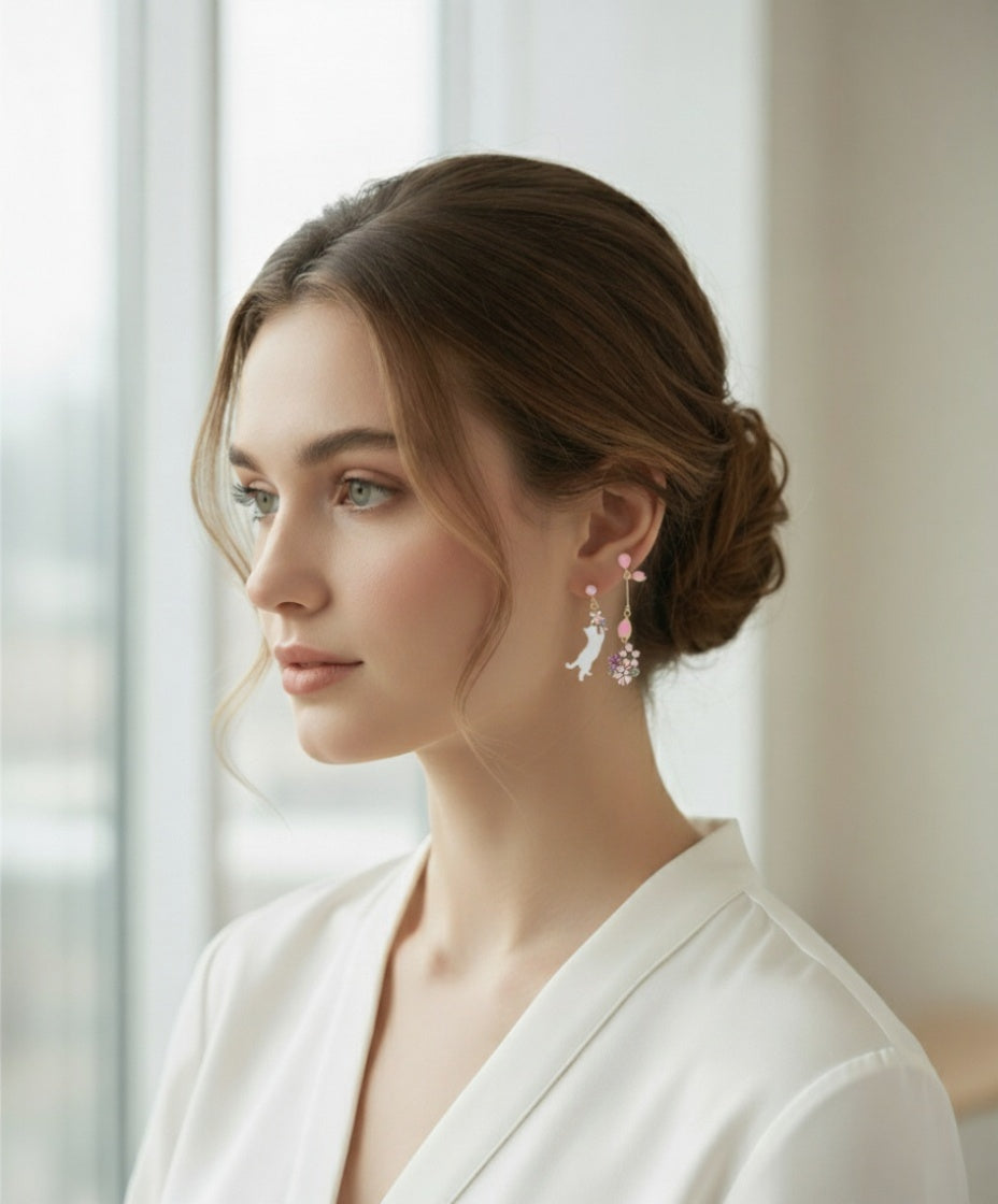 Cherry Blossoms Cat Earrings
