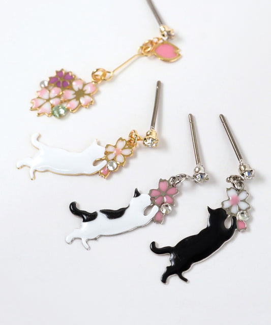 Cat Earrings with Cherry Blossoms